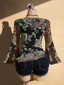 SHEIN ICON Plus Size Vintage Y2K Chinese Floral Print Bell Sleeve Asymmetrical Hem Mesh Knit Top - Multicolor - View 2