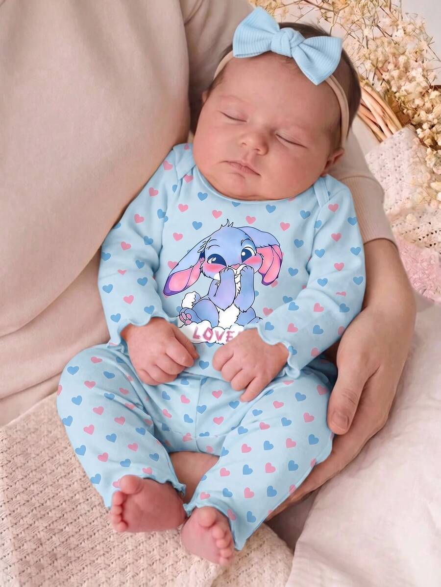 Newborn Baby Girl Cute Cartoon & Floral Pattern Long Sleeve Loungewear Set Fleece-Lined And Thickened Autumn - Multicolor - View 1