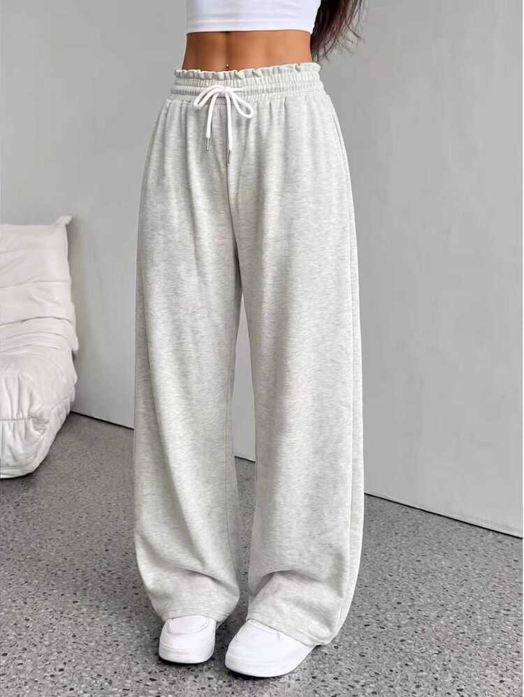 SHEIN LUNE Drawstring Waist Wide Leg Pants Gym Light Grey Autumn Casual Basic - Grey - View 3