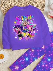 少女可愛卡通女團印花 K-Pop 超級巨星 星星紮染圓領長袖衛衣與內搭褲 2 件套，適合秋冬 - 彩色 - 查看 6