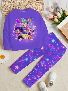 少女可愛卡通女團印花 K-Pop 超級巨星 星星紮染圓領長袖衛衣與內搭褲 2 件套，適合秋冬 - 彩色 - 查看 4