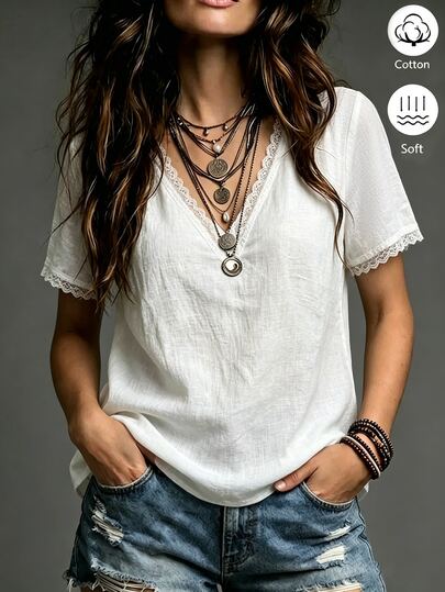 Trelyra Bohemian Style White Cotton Linen Lace Patchwork Short Sleeve T-Shirt Women's Summer New V-Neck Loose Textured Top Vacation Casual Versatile Gentle Slimming Base Layer
