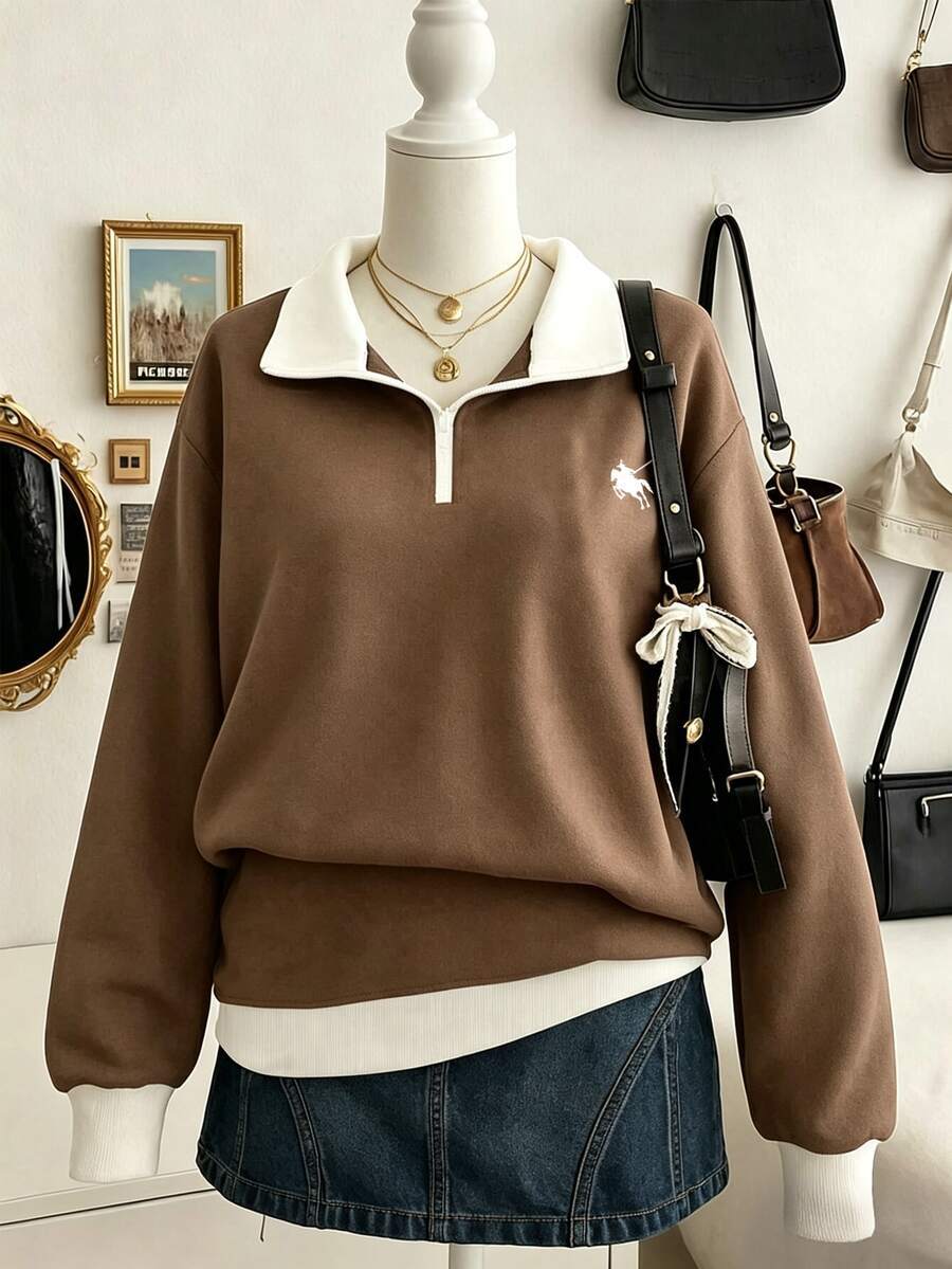 Lalippa 女款拼色 Polo 半拉鍊運動衫,寬鬆版型套頭上衣,附馬標領 - 彩色 - 查看 1
