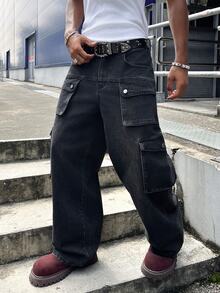 Manfinity EMRG Men Flap Pocket Side Cargo Jeans Without Belt - Dark Grey - View 6