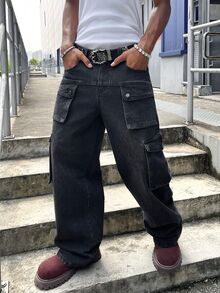 Manfinity EMRG Men Flap Pocket Side Cargo Jeans Without Belt - Dark Grey - View 5