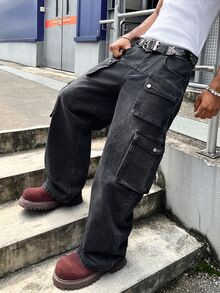 Manfinity EMRG Men Flap Pocket Side Cargo Jeans Without Belt - Dark Grey - View 3
