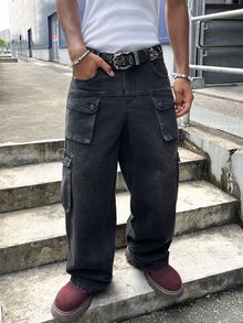 Manfinity EMRG Men Flap Pocket Side Cargo Jeans Without Belt - Dark Grey - View 4