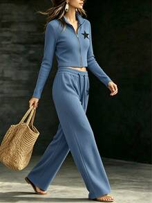 Trelyra Star Print Front Zip Hoodie And Pants Set - Blue - View 3