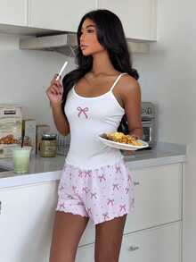 ZzzCrew Sexy Bow Print Camisole And Shorts Pajama Set - White - View 5