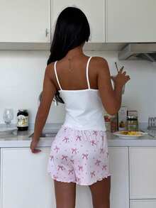 ZzzCrew Sexy Bow Print Camisole And Shorts Pajama Set - White - View 2