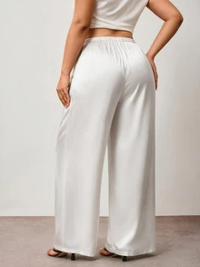 Enliva Plus Size Wrinkle-Resistant Satin Straight Leg Loose Pants, Suitable For Valentine's Day, For Hourglass Body Shape - White - View 2
