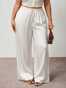 Enliva Plus Size Wrinkle-Resistant Satin Straight Leg Loose Pants, Suitable For Valentine's Day, For Hourglass Body Shape - White - View 4