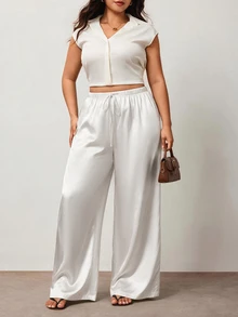 Enliva Plus Size Wrinkle-Resistant Satin Straight Leg Loose Pants, Suitable For Valentine's Day, For Hourglass Body Shape - White - View 5
