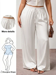 Enliva Plus Size Wrinkle-Resistant Satin Straight Leg Loose Pants, Suitable For Valentine's Day, For Hourglass Body Shape - White - View 1