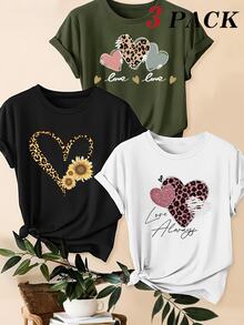 SHEIN LUNE 3pcs/Set Plus Size Leopard Print, Heart And Slogan Graphic Casual T-Shirt Tops - Multicolor - View 1