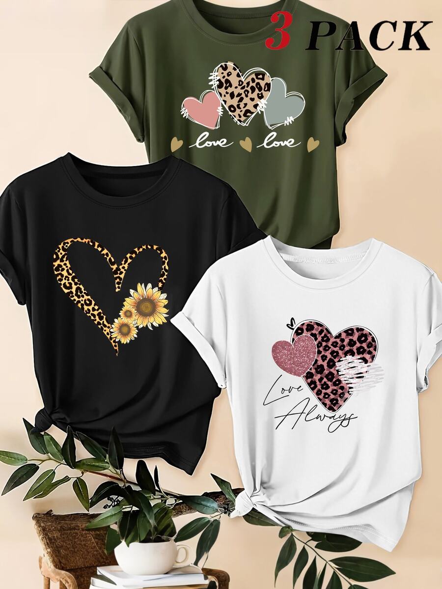 SHEIN LUNE 3pcs/Set Plus Size Leopard Print, Heart And Slogan Graphic Casual T-Shirt Tops - Multicolor - View 1