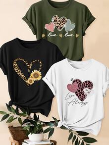 SHEIN LUNE 3pcs/Set Plus Size Leopard Print, Heart And Slogan Graphic Casual T-Shirt Tops - Multicolor - View 3