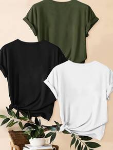 SHEIN LUNE 3pcs/Set Plus Size Leopard Print, Heart And Slogan Graphic Casual T-Shirt Tops - Multicolor - View 2
