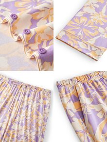 LUVLETTE Plus Size Soft Cotton Women Romantic Feminine Purple & Yellow Floral Pajama Set - Top Wide-Leg Pants Softly Lounge Wear Curve Pajamas Now Trending - Pink - View 4