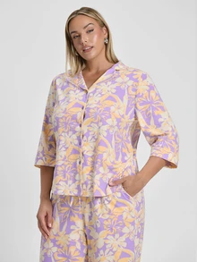 LUVLETTE Plus Size Soft Cotton Women Romantic Feminine Purple & Yellow Floral Pajama Set - Top Wide-Leg Pants Softly Lounge Wear Curve Pajamas Now Trending - Pink - View 9