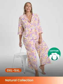 LUVLETTE Plus Size Soft Cotton Women Romantic Feminine Purple & Yellow Floral Pajama Set - Top Wide-Leg Pants Softly Lounge Wear Curve Pajamas Now Trending - Pink - View 2