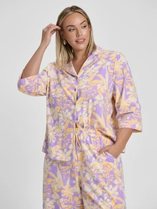 LUVLETTE Plus Size Soft Cotton Women Romantic Feminine Purple & Yellow Floral Pajama Set - Top Wide-Leg Pants Softly Lounge Wear Curve Pajamas Now Trending - Pink - View 5