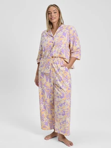 LUVLETTE Plus Size Soft Cotton Women Romantic Feminine Purple & Yellow Floral Pajama Set - Top Wide-Leg Pants Softly Lounge Wear Curve Pajamas Now Trending - Pink - View 7