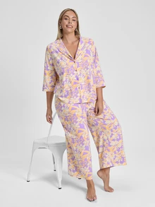 LUVLETTE Plus Size Soft Cotton Women Romantic Feminine Purple & Yellow Floral Pajama Set - Top Wide-Leg Pants Softly Lounge Wear Curve Pajamas Now Trending - Pink - View 11
