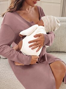 Slowluna Maternity Solid Color Maternity Dress - Pink - View 4