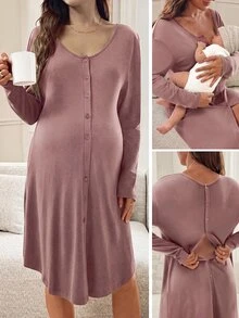 Slowluna Maternity Solid Color Maternity Dress - Pink - View 1