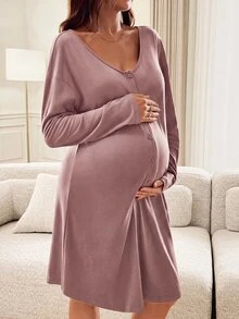 Slowluna Maternity Solid Color Maternity Dress - Pink - View 7