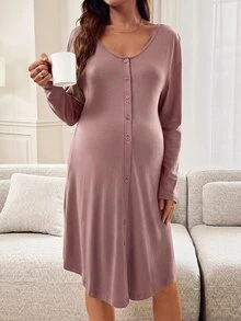 Slowluna Maternity Solid Color Maternity Dress - Pink - View 5