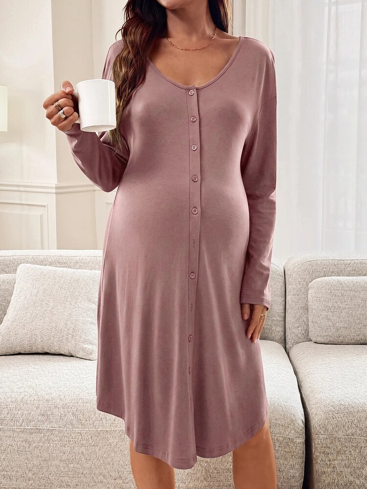 Slowluna Maternity Solid Color Maternity Dress - Pink - View 5