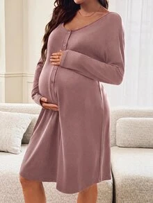 Slowluna Maternity Solid Color Maternity Dress - Pink - View 6