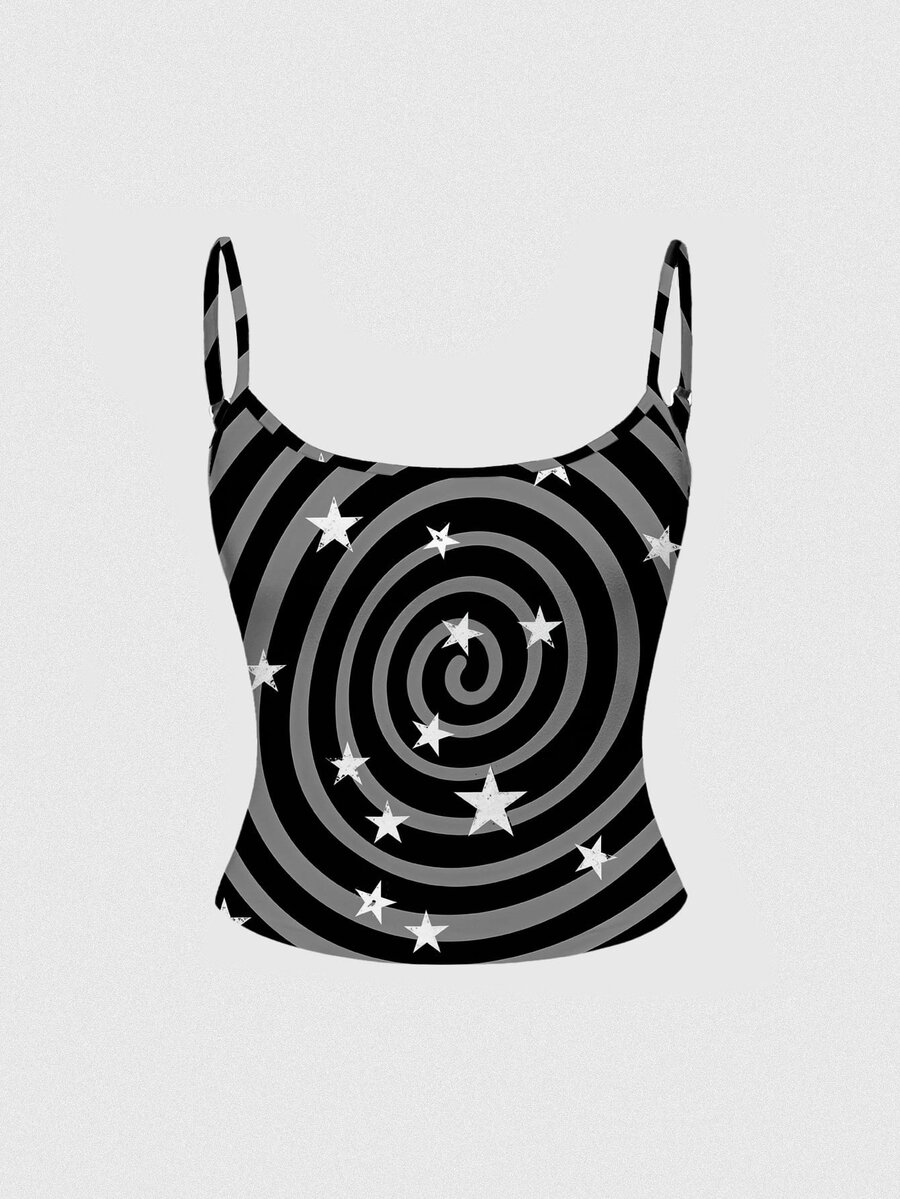 ROMWE Grunge Punk Dark Gothic Vortex Star Cute Pattern Print Spaghetti Strap Tank Top For Women - Black - View 1