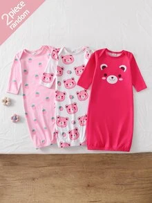 SHEIN 【2套隨機發送】秋冬居家服套裝，白色淡粉色小熊印花，洗禮禮物，適合外出與睡眠，可愛風格 - 彩色 - 查看 3