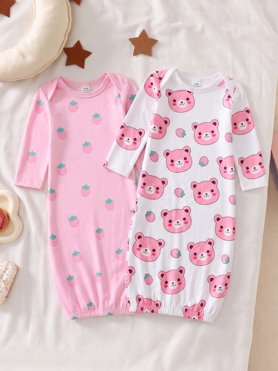 SHEIN 【2套隨機發送】秋冬居家服套裝,白色淡粉色小熊印花,洗禮禮物,適合外出與睡眠,可愛風格 - 彩色 - 查看 1
