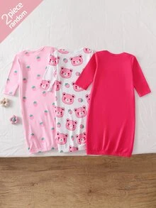 SHEIN 【2套隨機發送】秋冬居家服套裝，白色淡粉色小熊印花，洗禮禮物，適合外出與睡眠，可愛風格 - 彩色 - 查看 2