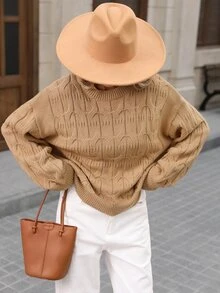 Brillora Camel Cable Knit Round Neck Pullover Sweater For Office Campus Casual Fall Winter,Cable Knit,Daily Commute,Fall Winter,Work Outfits,Country Style - Khaki - View 7