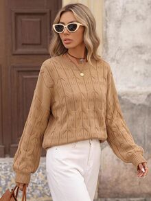 Brillora Camel Cable Knit Round Neck Pullover Sweater For Office Campus Casual Fall Winter,Cable Knit,Daily Commute,Fall Winter,Work Outfits,Country Style - Khaki - View 9