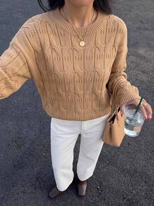 Brillora Camel Cable Knit Round Neck Pullover Sweater For Office Campus Casual Fall Winter,Cable Knit,Daily Commute,Fall Winter,Work Outfits,Country Style - Khaki - View 4