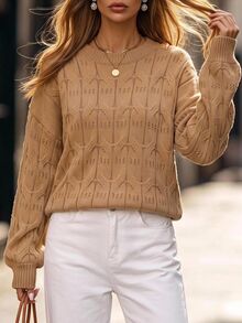 Brillora Camel Cable Knit Round Neck Pullover Sweater For Office Campus Casual Fall Winter,Cable Knit,Daily Commute,Fall Winter,Work Outfits,Country Style - Khaki - View 2