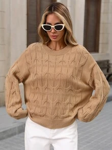 Brillora Camel Cable Knit Round Neck Pullover Sweater For Office Campus Casual Fall Winter,Cable Knit,Daily Commute,Fall Winter,Work Outfits,Country Style - Khaki - View 11