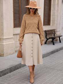 Brillora Camel Cable Knit Round Neck Pullover Sweater For Office Campus Casual Fall Winter,Cable Knit,Daily Commute,Fall Winter,Work Outfits,Country Style - Khaki - View 10