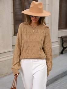 Brillora Camel Cable Knit Round Neck Pullover Sweater For Office Campus Casual Fall Winter,Cable Knit,Daily Commute,Fall Winter,Work Outfits,Country Style - Khaki - View 1