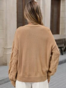 Brillora Camel Cable Knit Round Neck Pullover Sweater For Office Campus Casual Fall Winter,Cable Knit,Daily Commute,Fall Winter,Work Outfits,Country Style - Khaki - View 3