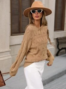 Brillora Camel Cable Knit Round Neck Pullover Sweater For Office Campus Casual Fall Winter,Cable Knit,Daily Commute,Fall Winter,Work Outfits,Country Style - Khaki - View 6