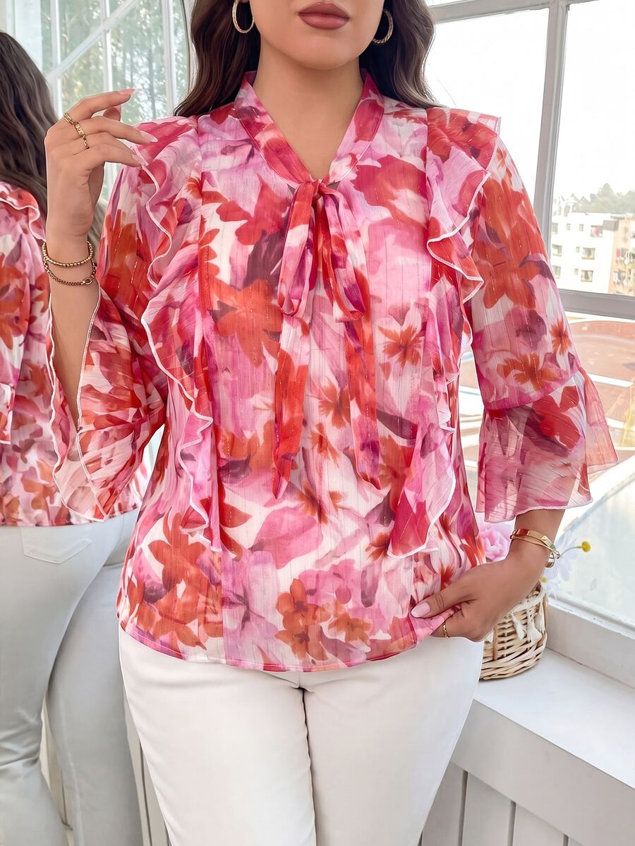 Reflora Plus Size Women's Floral Print Casual Daily Wear Shirt - Multicolor - View 1