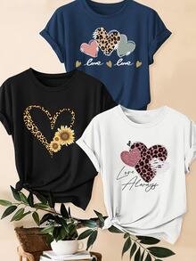 SHEIN LUNE 3pcs/Set Leopard Print, Heart & Slogan Graphic Casual Plus Size T-Shirts, Summer - Multicolor - View 3
