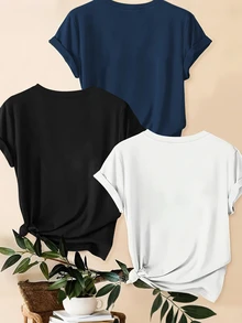 SHEIN LUNE 3pcs/Set Leopard Print, Heart & Slogan Graphic Casual Plus Size T-Shirts, Summer - Multicolor - View 2